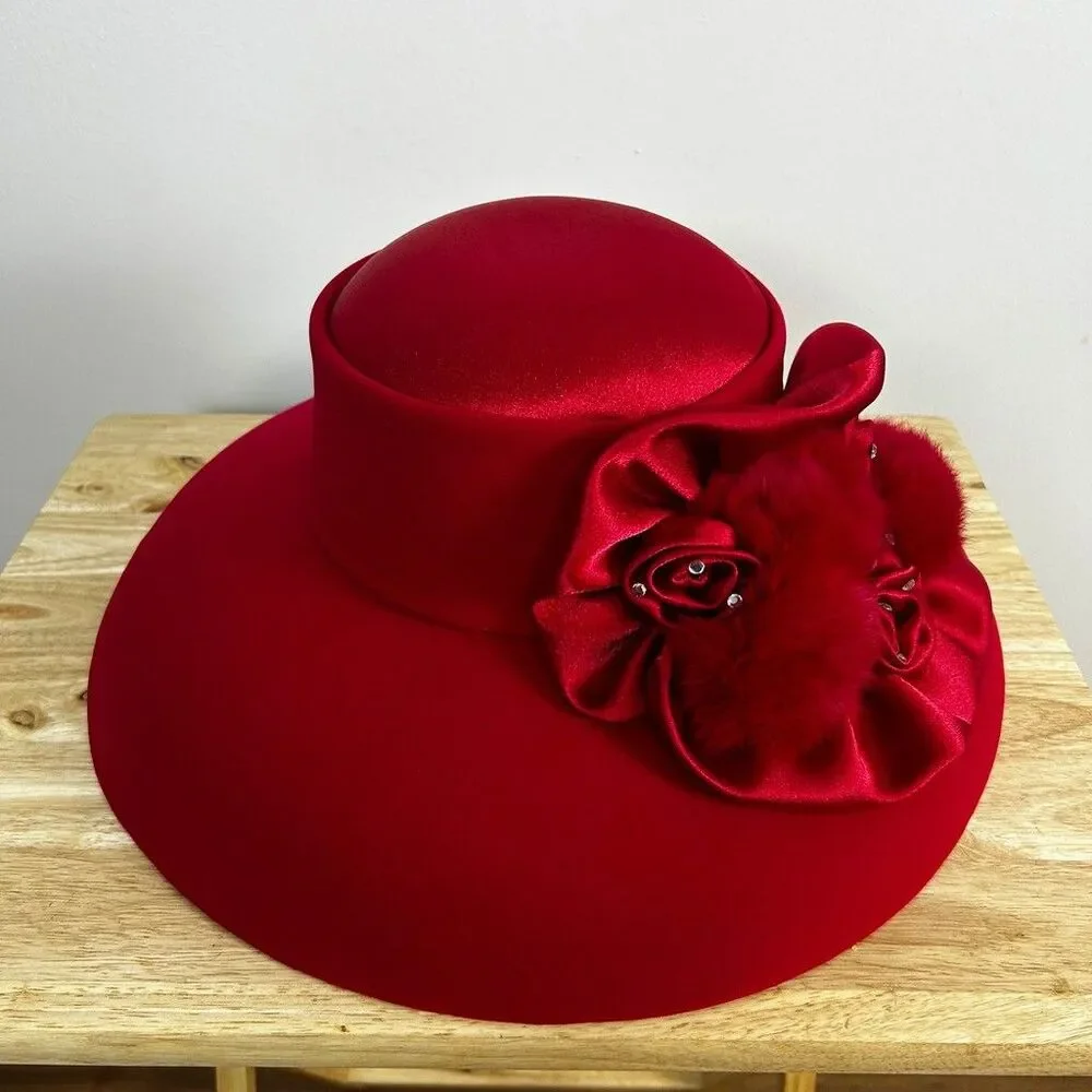 ML Studio Red Church Hat Wide Brim Wool Felt Satin Flower Fur Accent Womens